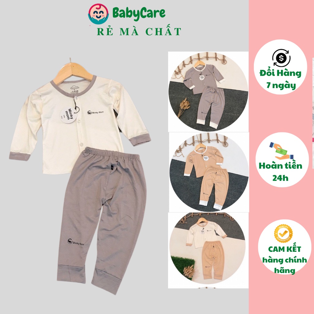 Bộ Dài Tay THUN LẠNH MINKY MOM trơn cài cúc giữa, Bộ quần áo dài tay cho bé trai bé gái từ 5-18kg