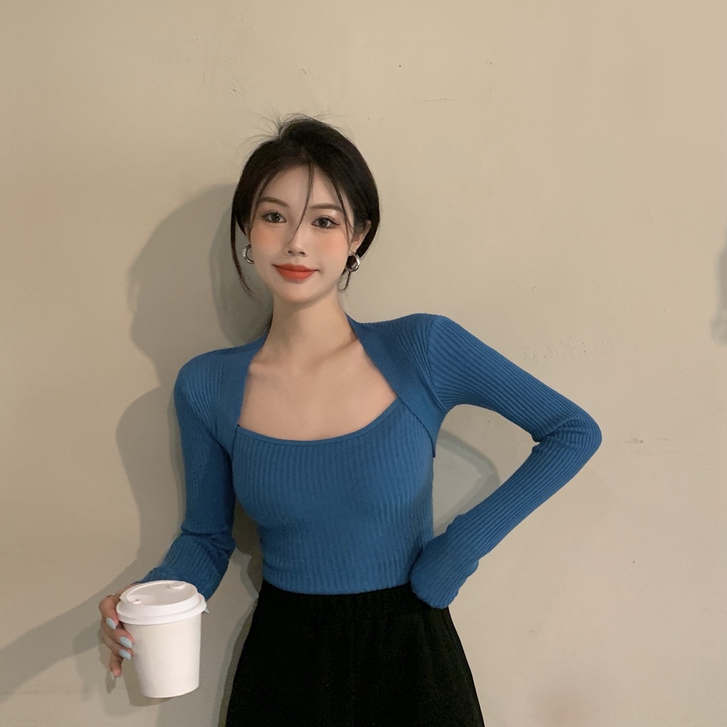 Áo sweater tay dài cổ chữ U màu sắc đơn giản thời trang cho nữ