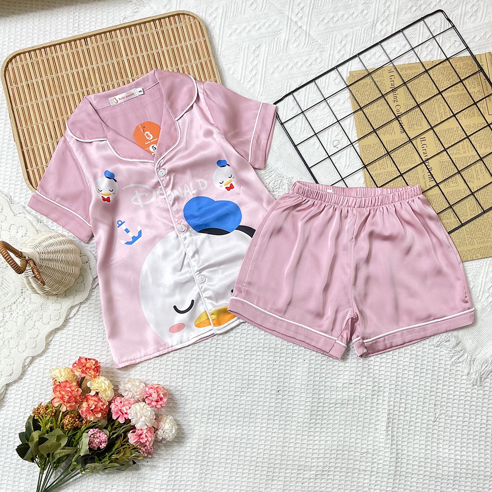 Bộ Đồ Ngủ Pijama Lụa Cộc Tay In Hoạt Hình 3D Dễ Thương Từ Lụa Satin Dành Cho Bé Gái Size 13-35kg - BPN35 - Babi mama