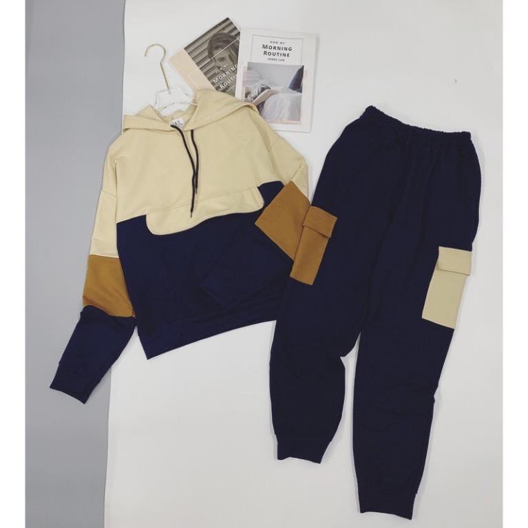 Bộ Thể Thao Nữ Thu Đông, Bộ Hoodie Nữ Phối 3 Màu Có Mũ Kèm Dây Rút, Quần Túi Hộp Cá Tính Hot Hit Của Năm 2021. | BigBuy360 - bigbuy360.vn