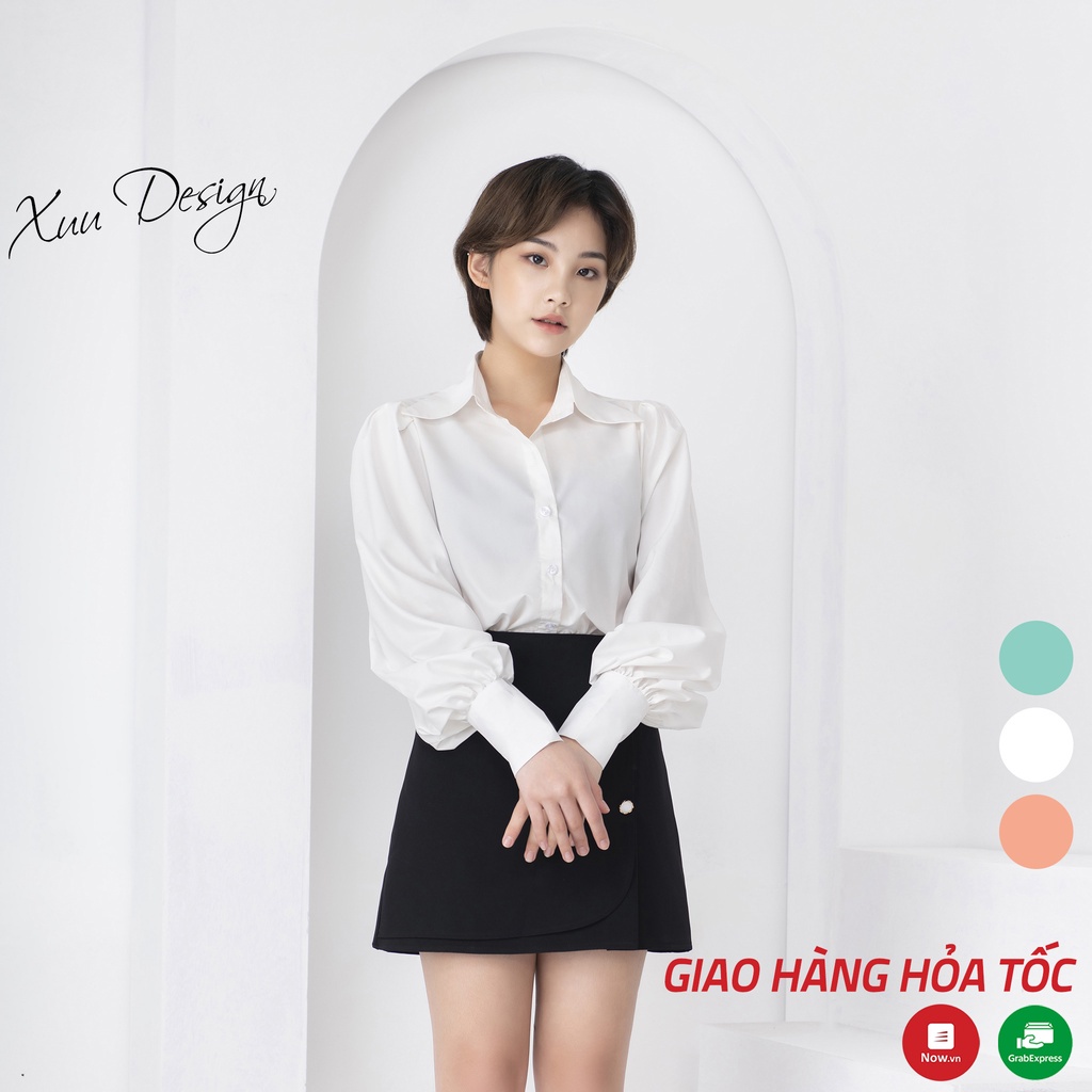 Áo sơ mi nữ trắng công sở vải lụa dài tay tay bồng - Thời trang thiết kế XUU DESIGN SM15 - Hàng nhập khẩu