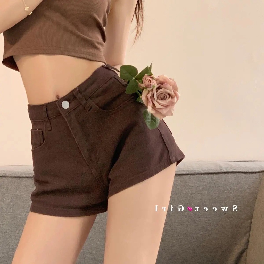 Jiashucheng Quần Short Denim Ôm Dáng Vừa Vặn Cao Màu Nâu Ngọt Ngào Dễ Phối Đồ Mùa Hè Cho Nữ