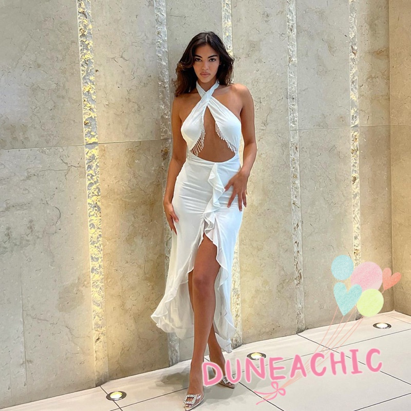 DUNEA Đầm hai dây hở lưng phối tua rua phong cách quyến rũ