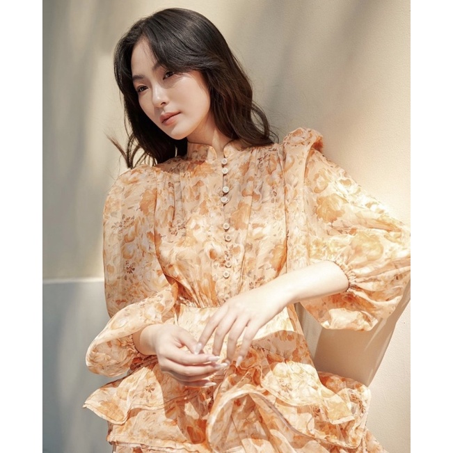 VÁY CAM HOA NHÍ CỔ CAO TAY BỒNG PHONG CÁCH TIỂU THƯ