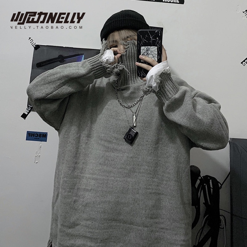 Áo sweater dệt kim cổ tròn phối rách dáng rộng thời trang thu đông dành cho nam