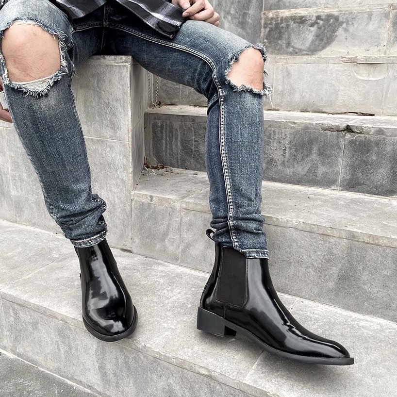 Giày Chelsea Boots Nam Da Bóng Đế Cao Su tăng chiều cao