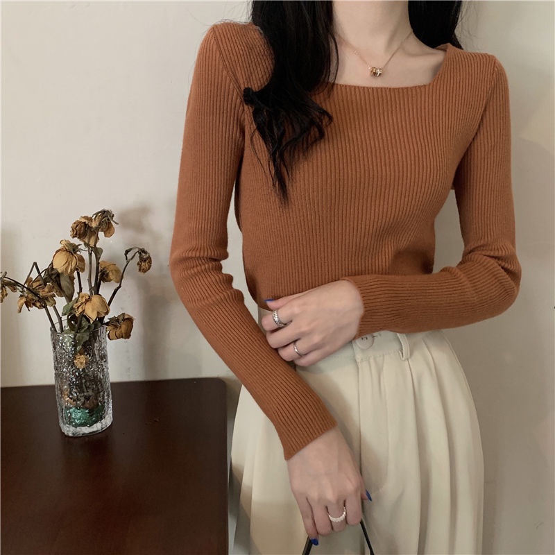 COZOK Áo Sweater Tay Dài Cổ Vuông Dáng Ôm Kiểu Vintage Cá Tính