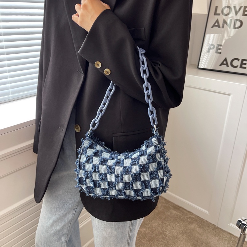 Túi IELGY đeo vai vải denim họa tiết kẻ sọc thời trang cho nữ