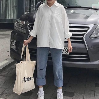 Áo sơ mi trắng nam nữ dáng rộng , có túi trước , chất liệu mịn mát , phong cách Hàn Quốc - V12