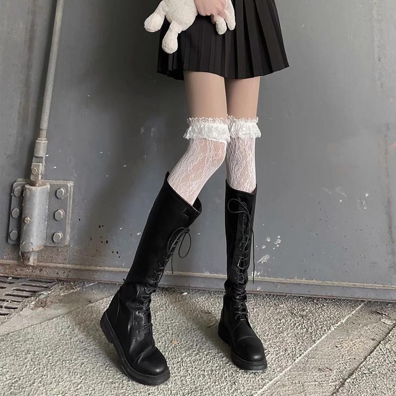 ✓✻Giày Martin dài vớ ren trắng trên đầu gối hiệp sĩ rỗng bắp chân Lolita