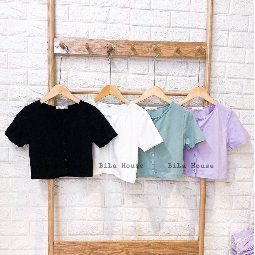 Ảnh thật - Áo croptop cổ tròn có nút loại tốt đủ màu trắng, đen, xanh, tím - giá sỉ