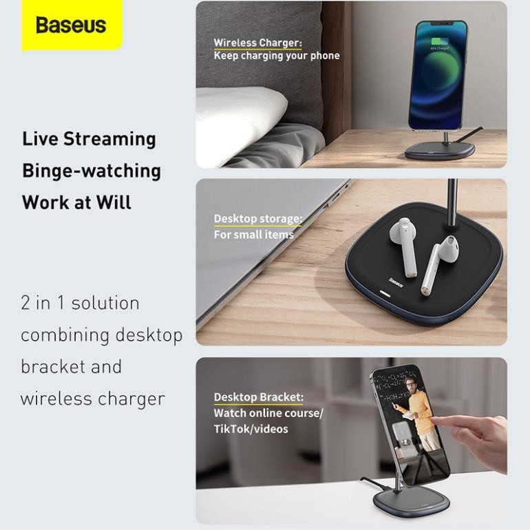 Đế Sạc - Bộ sạc không dây Baseus MagSafe 15W kiêm giá đỡ điện thoại để bàn cho điện thoại iPhone/Huawei/Xiaomi