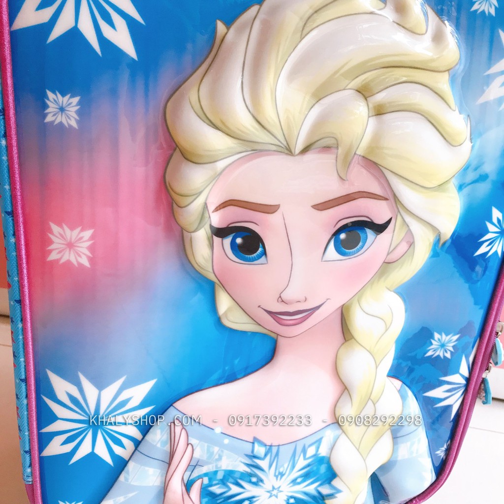 Vali kéo du lịch trẻ em 18'' hình công chúa Anna, Elsa (Frozen) 3D bằng vải màu xanh tím siêu đáng yêu dành cho bé gái