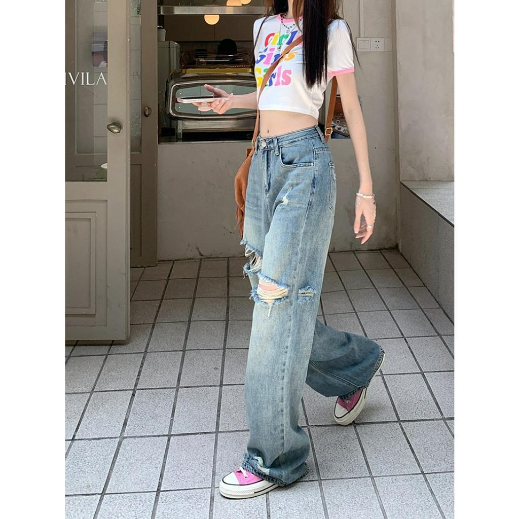 「 WELOVE1 」Quần Denim Cạp Cao Rách Gối