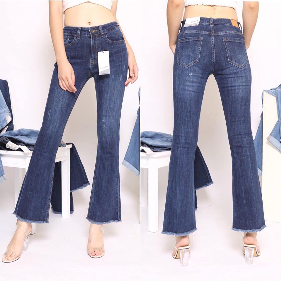 Quần jeans 9 tấc nữ ống loe dài tua lai cao cấp