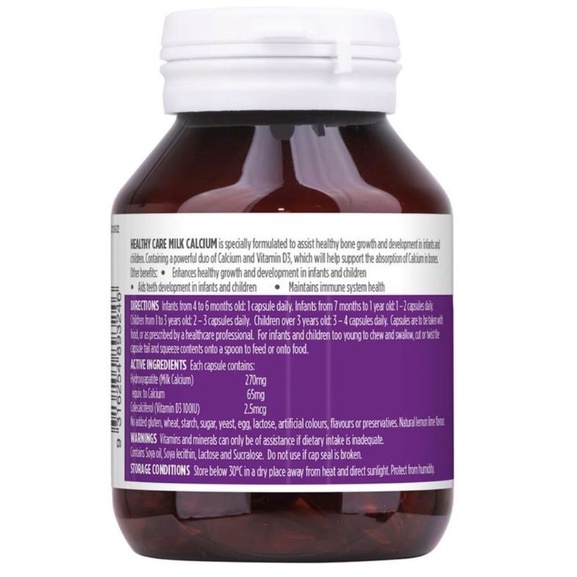 Canxi sữa (60v) bổ sung canxi và vitamin D3 cho bé từ 4 tháng tuổi Healthy Care Milk Calcium, Úc.  Date 01/2025