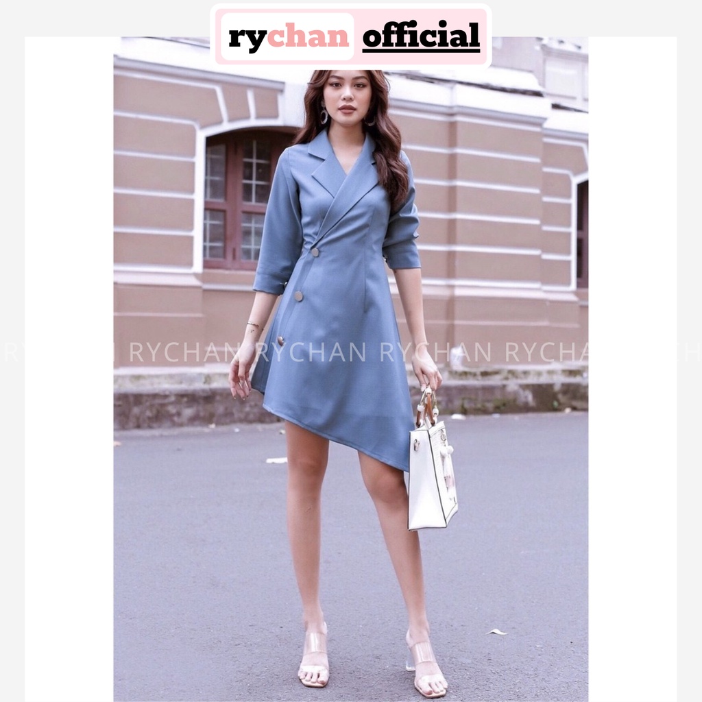 Đầm Xòe Cổ Vest Công Sở Tay Lửng Lệch Tà 3 Màu Trắng Xanh Đỏ - DX512