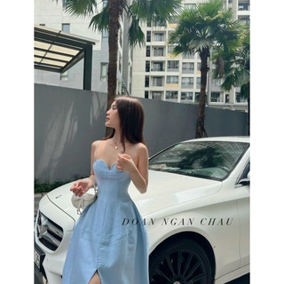 (Sẵn)ĐẦM MIDI 2S XANH CÚP NGỰC XẺ ĐÙI