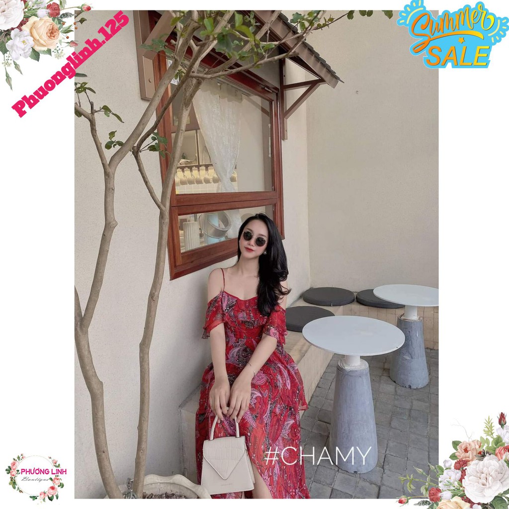 VÁY HOA ĐỎ 2S TRỄ VAI BÈO CHO NỮ | BigBuy360 - bigbuy360.vn