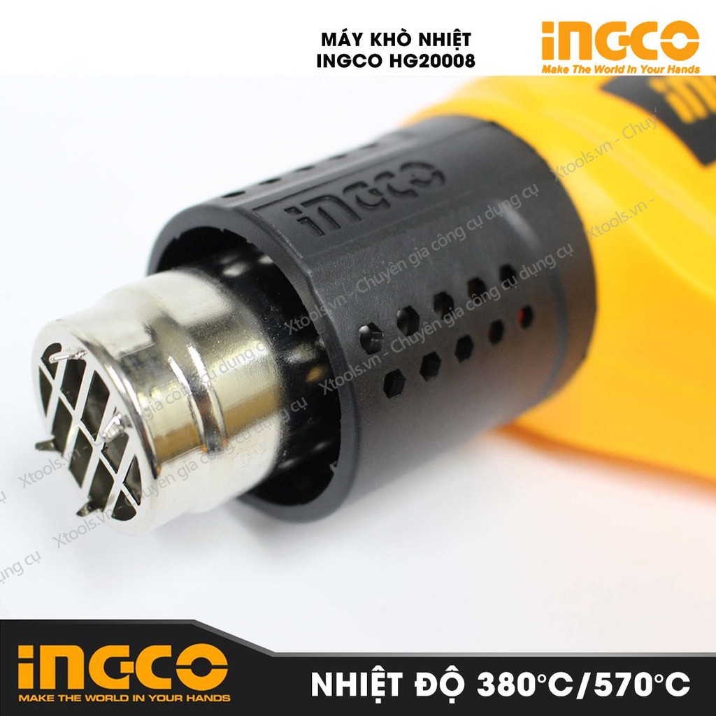 Máy khò nhiệt INGCO HG20008 Công suất 2000W Tặng kèm 5 món 1 cây nạo/cào và 4 miệng vòi, Máy thổi nhiệt 350°C/550°C