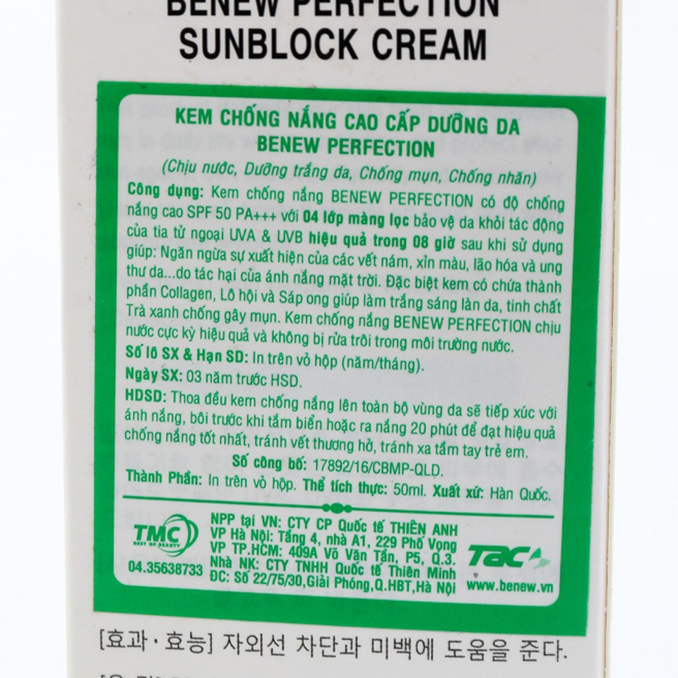 Kem Chống Nắng Hàn Quốc BENEW trắng da, lên tone Perfection Sunblock 50ml -  SPF 50 PA+++