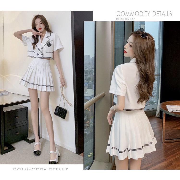 Set áo vest mix chân váy xếp ly HB thiết kế logo viền đủ size S061 | BigBuy360 - bigbuy360.vn