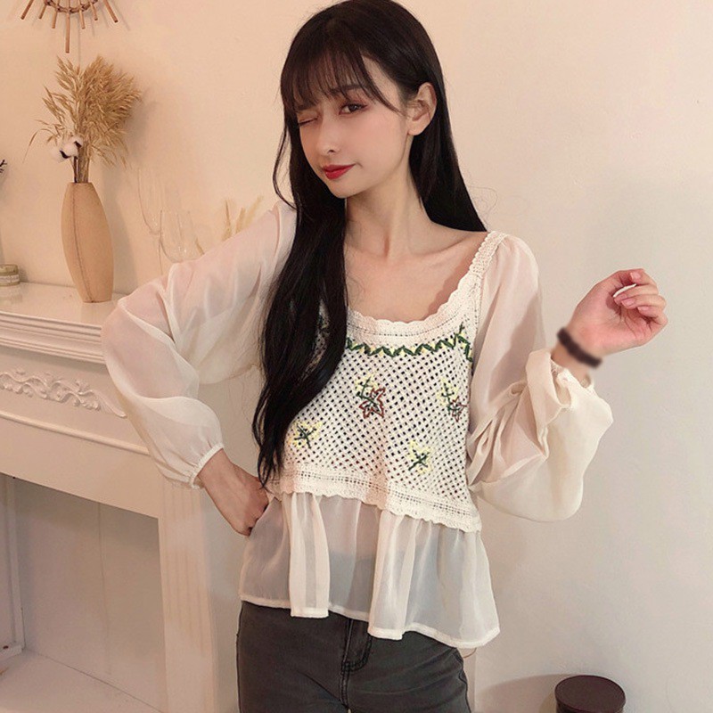 Áo Dệt Kim Nữ Tay Dài Phối Ren Thời Trang