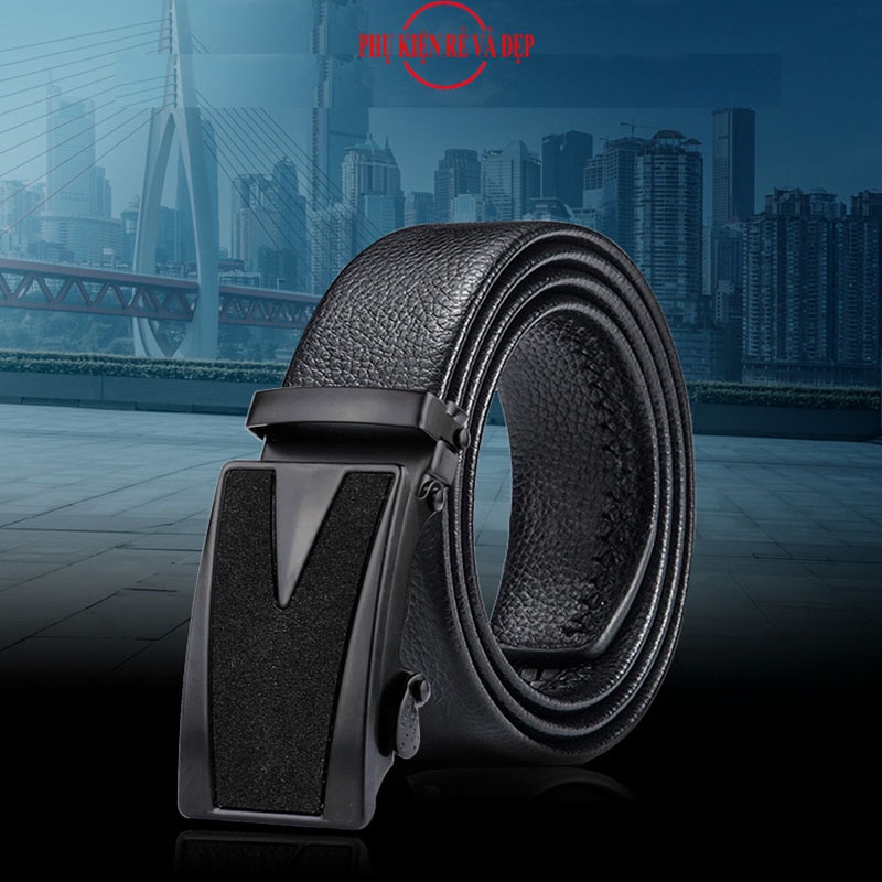 Thắt lưng nam chất liệu da cao cấp chữ V đầu dây điều chỉnh trượt thắt tự động, thương hiệu quốc tế