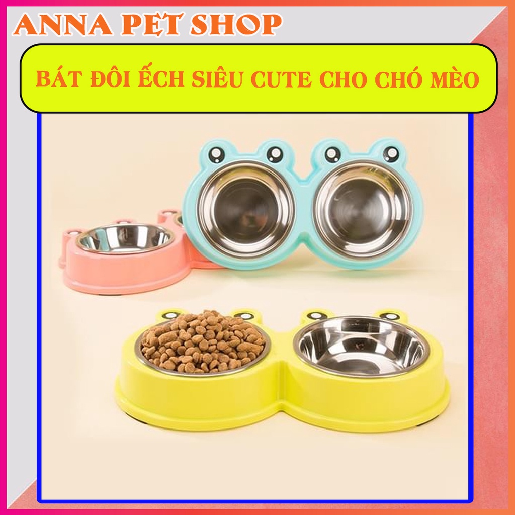 Bát ăn đôi lòng inox hình ếch cho thú cưng chó mèo SIÊU CUTE