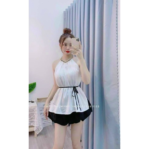 Set áo cổ yếm kèm dây eo mix chân váy óng