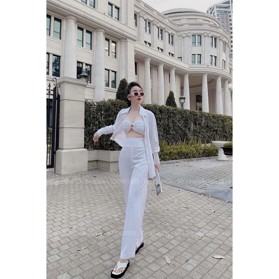 Set thiết kế Áo sơ mi Quần suông dài cạp cao kèm Áo Bra phong cách hiện đại, mặc được nhiều kiểu