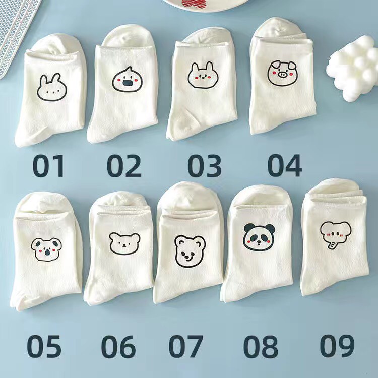 Tất Nữ Cổ Cao, Vớ Nữ Dễ Thương, Tất Trắng Basic Dễ Phối Đồ Hình Cute, Chất Cotton Co Dãn