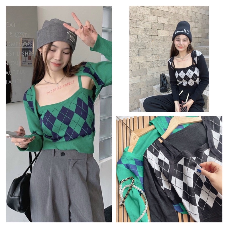 Set áo croptop len kèm áo 2S 2 màu Quảng Châu