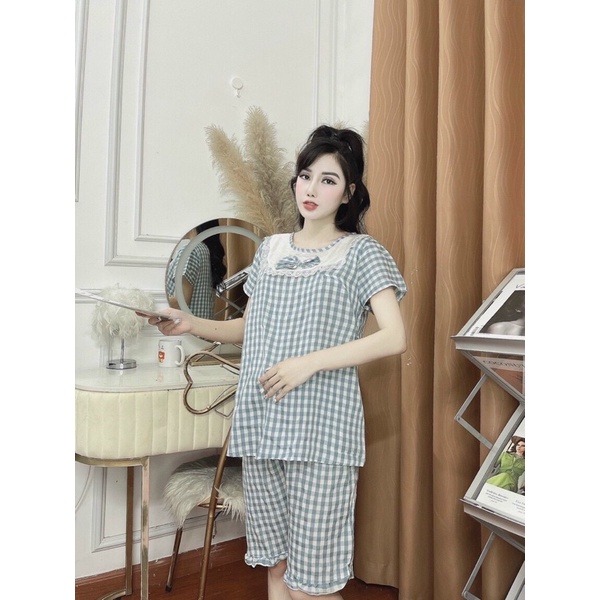 Bộ đồ bầu lửng mùa hè mặc nhà kéo khoá con ti sau sinh chất đũi kẻ caro thiết kế cao cấp đẹp giá rẻ