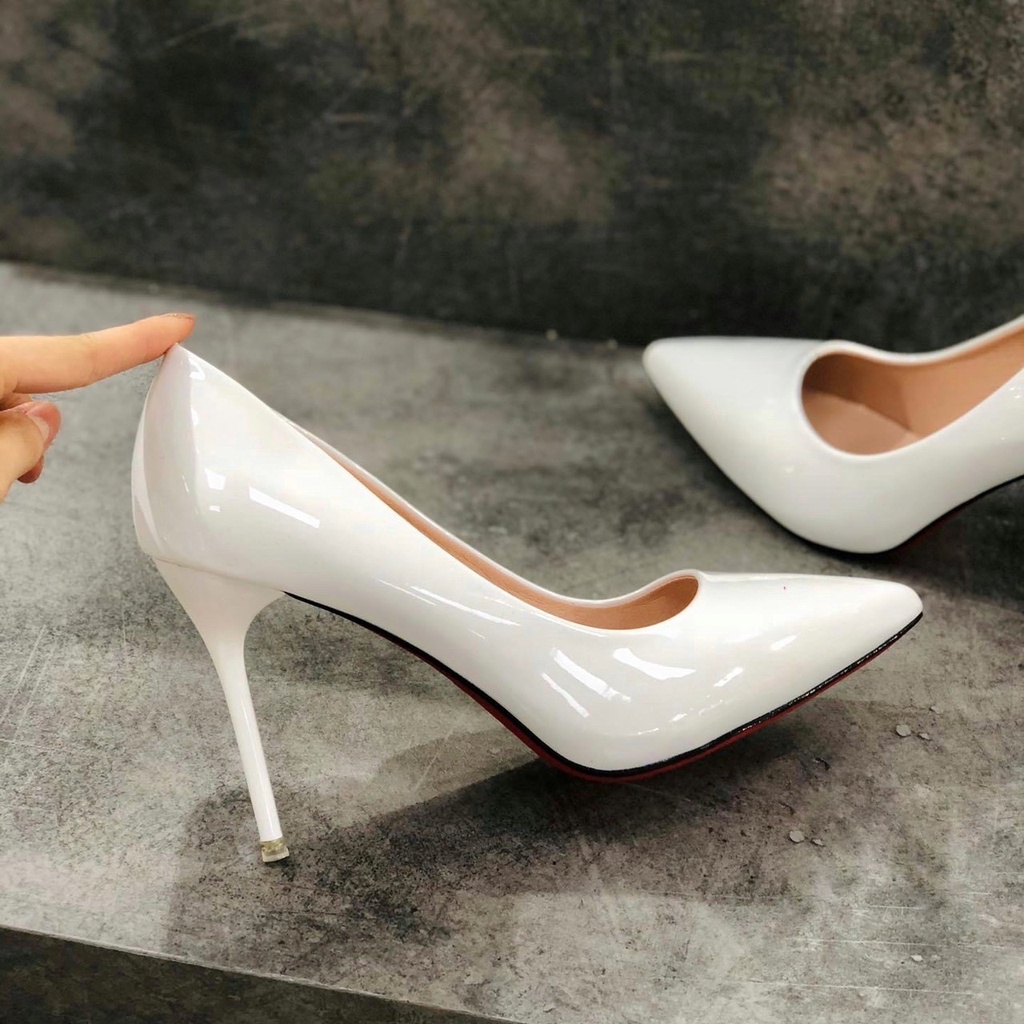 Giày cao gót trơn đế đỏ 3 màu đen trắng nude gót đũa cực xinh - 8P