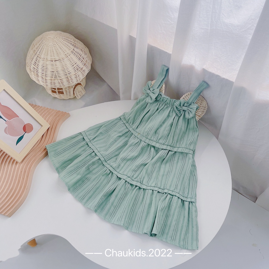 Váy babydoll dáng xòe 3 tầng cho bé gái, váy 2 dây nơ 2 bên chất thô giả 3 tầng cho bé