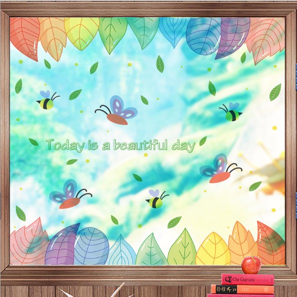 Decal dán kính cao cấp - Viền Lá Sắc Màu ( 60x58cm )