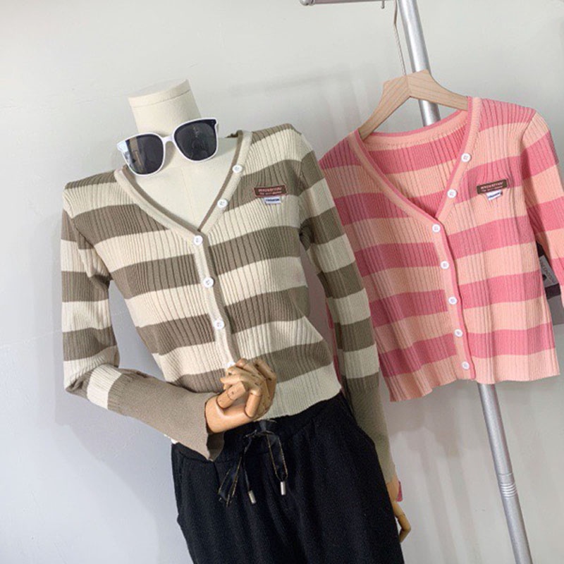 Áo Cardigan Len Kẻ Logo Chữ Hàng Quảng Châu M2140