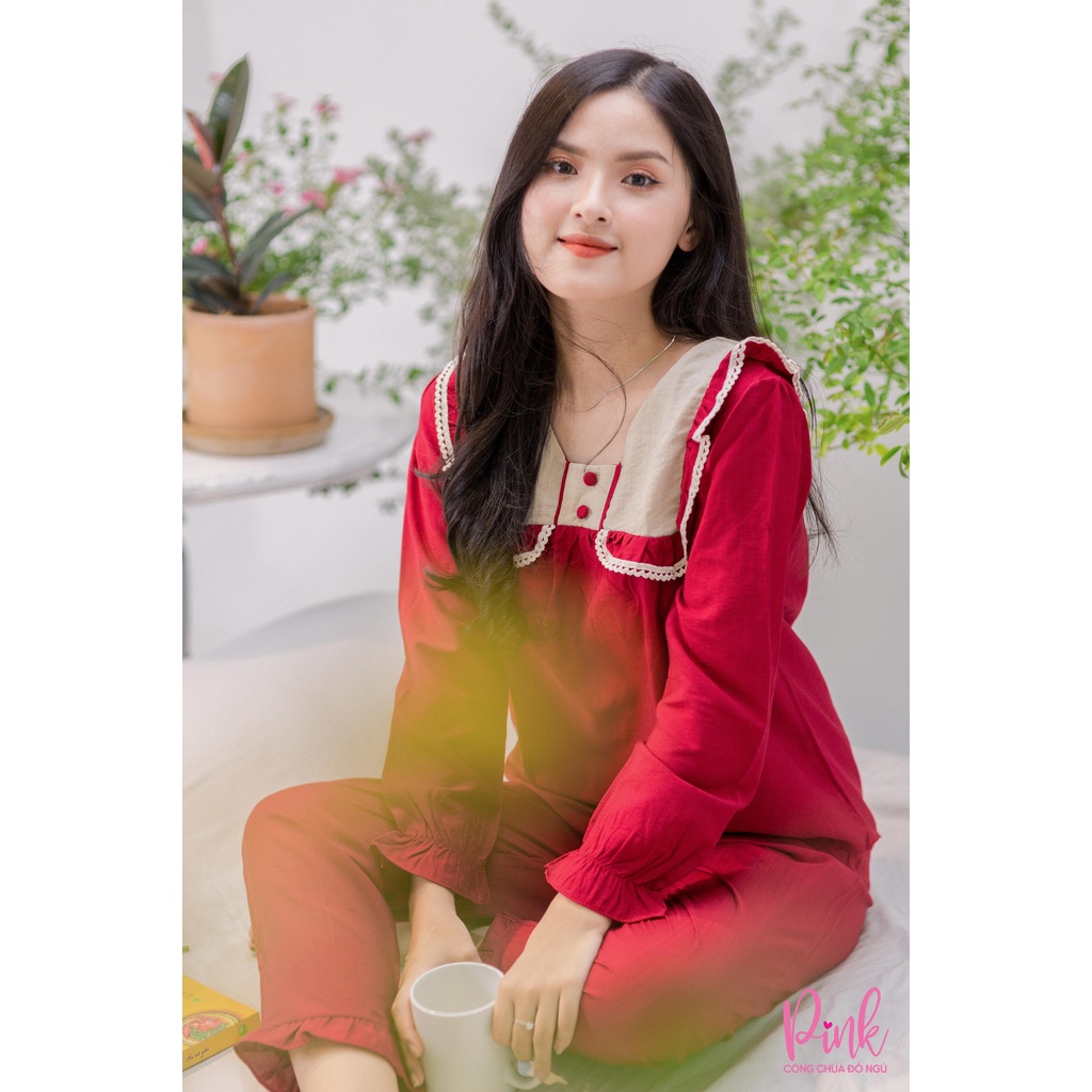 Bộ Đồ Ngủ Pijama Dài Tay Pinksleepwear Quần Dài Vải Đũi Cao Cấp Thoáng Mát Bộ Ngủ Nữ Phong Cách Tiểu Thư Hàn Quốc