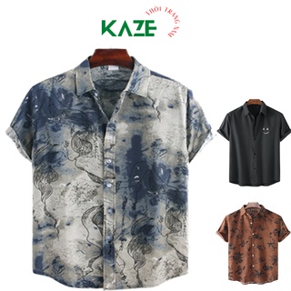 Áo sơ mi nam họa tiết đi biển cuban shirt ka 07 áo sơ mi tay lỡ in hình hoa lá chất liệu lụa đũi form regular áo sơ mi