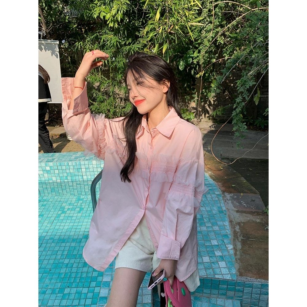 Áo Kiểu Hồng Kông Tay Dài Phối Bèo Thiết Kế Dễ Phối Đồ