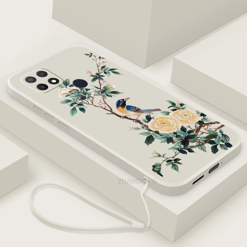 Ốp Điện Thoại TPU Mềm Họa Tiết Hoa Và Chim Có Dây Đeo Cho oppo a15 a15s