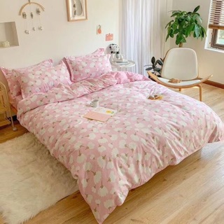 Bộ chăn ga cotton poly nhập (mẫu hoa trắng ga kẻ Hồng )