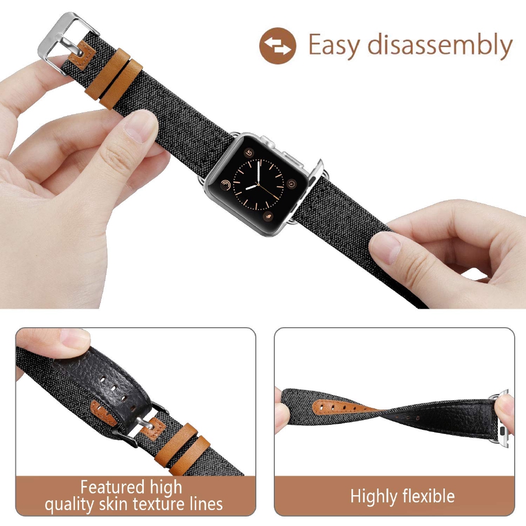 Canvas Fabric Straps Genuine Leather for iwatch Apple Watch Series 1 2 3 4 5 6 SE 7 8 38mm 42mm 40mm 44mm 41mm 45mm ultra 49mm