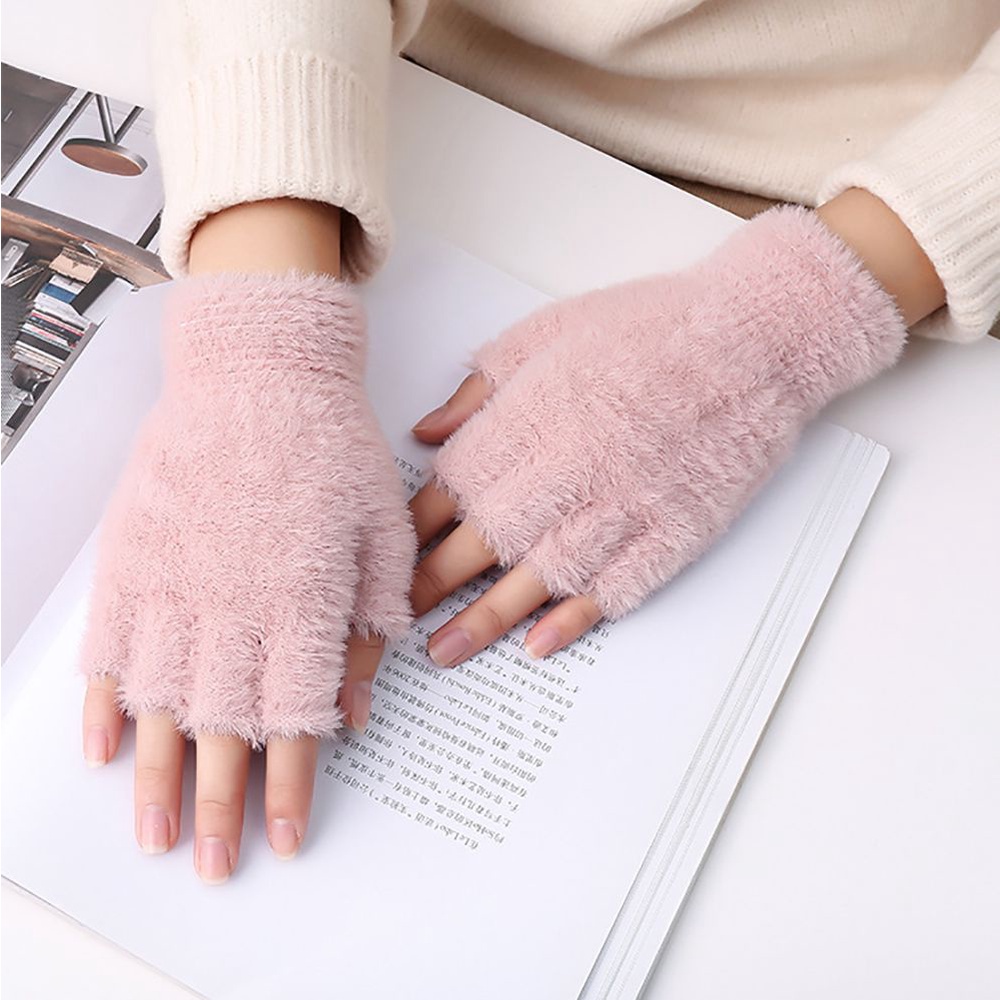 Găng tay hở ngón vải giả lông mềm mại giữ ấm thời trang mùa đông dành cho nam và nữ