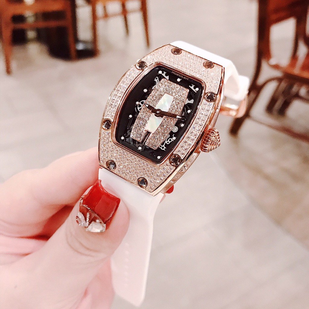Đồng Hồ Huboler Hanboro Nữ Dây Silicon Trắng Mặt Đính Đá Rose Gold Chính Hãng 31x42mm
