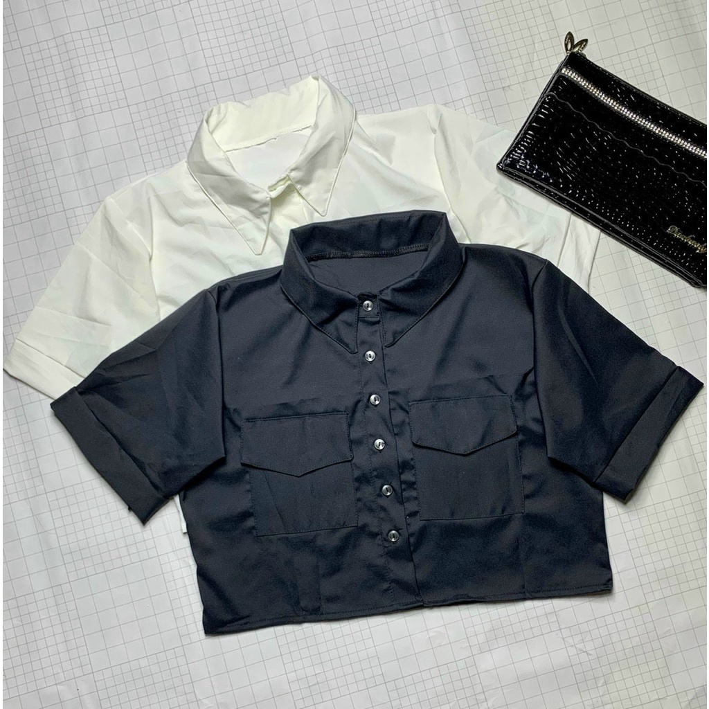 Áo sơ mi croptop tay ngắn đính nút 2 túi giả NA