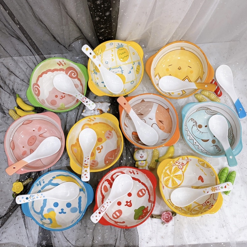 Chén sứ ngộ nghĩnh kèm thìa, bát ăn cháo, cơm cho bé, bát chè hình thú có 2 tai cầm siêu xinh