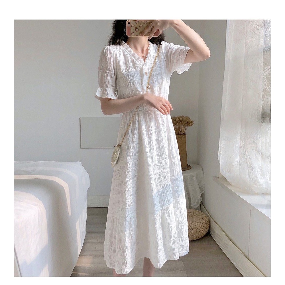 Đầm tay ngắn màu trắng thời trang nữ phong cách retro