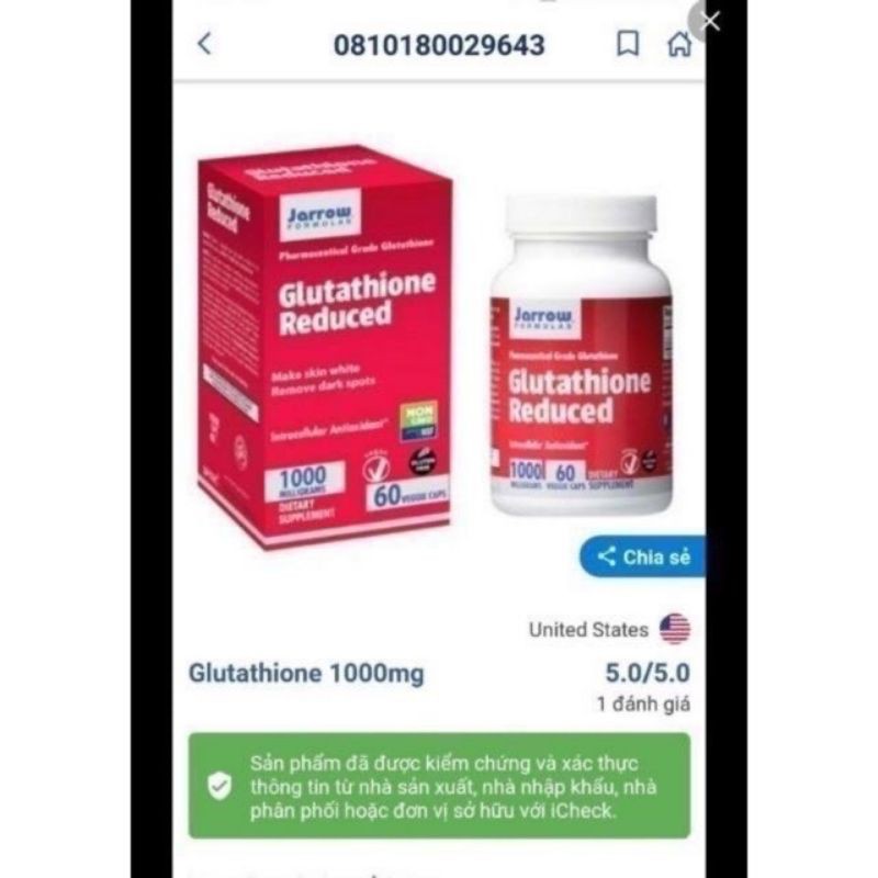 Viên uống trắng da Glutathione Reduced Jarrow 1000mg, USA, hộp 60 viên | BigBuy360 - bigbuy360.vn